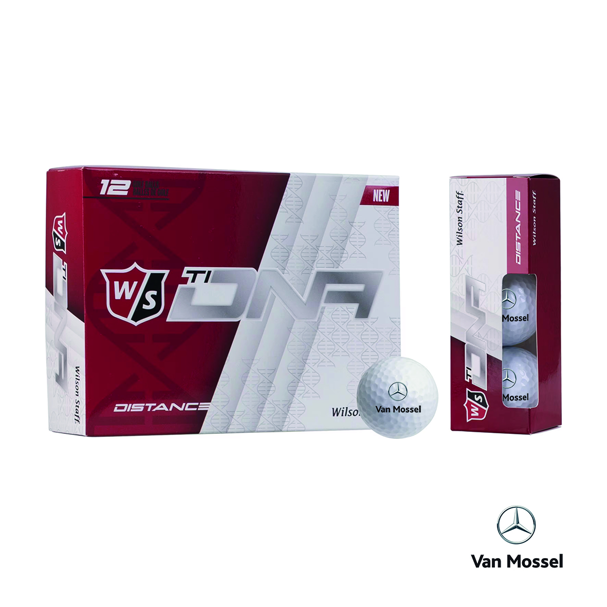 Gepersonaliseerde golfballen bedrukt met het logo van Mercedes van Mossel, geproduceerd door Nicks Reclame voor promotioneel gebruik.