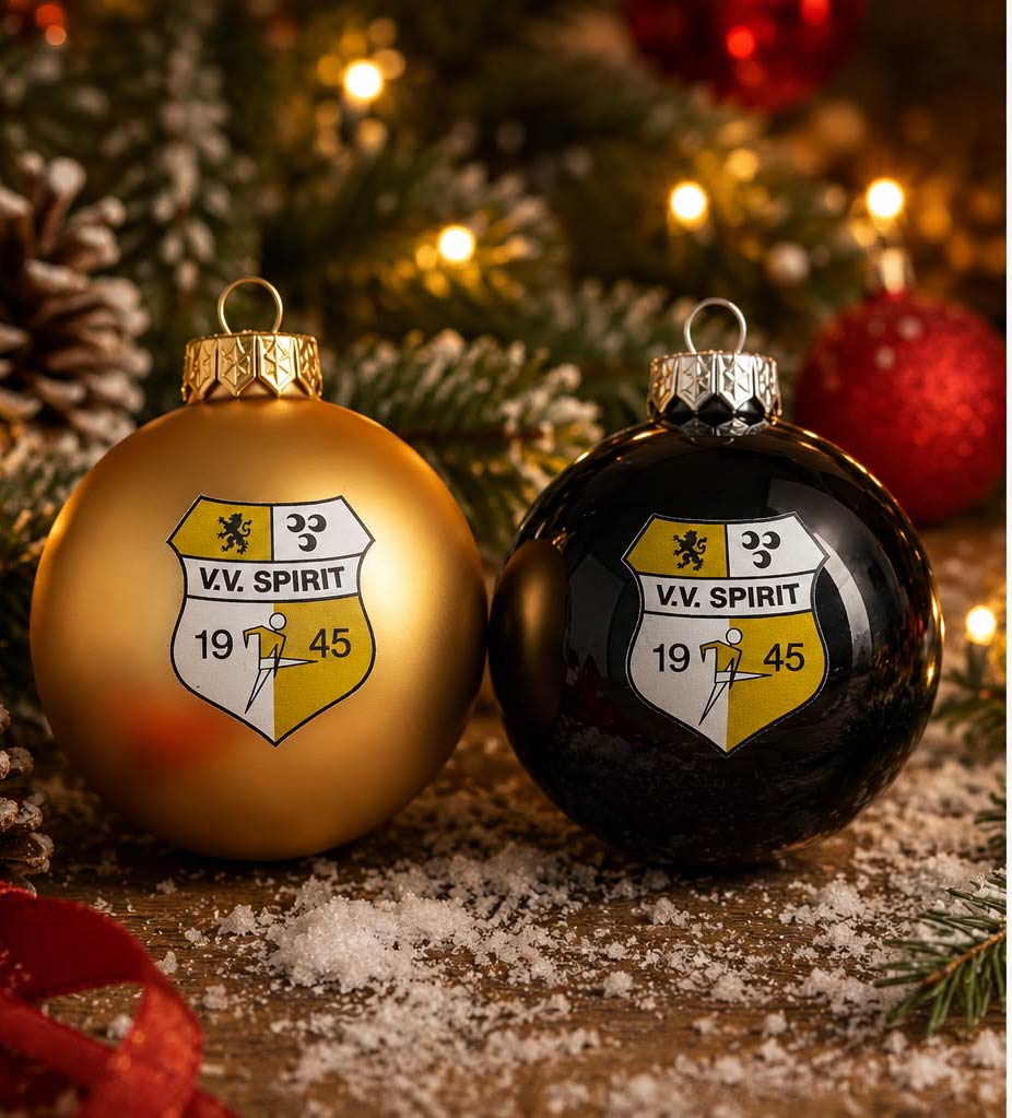 Bedrukte kerstballen met logo van V.V. Spirit in mat goud en glans zwart
