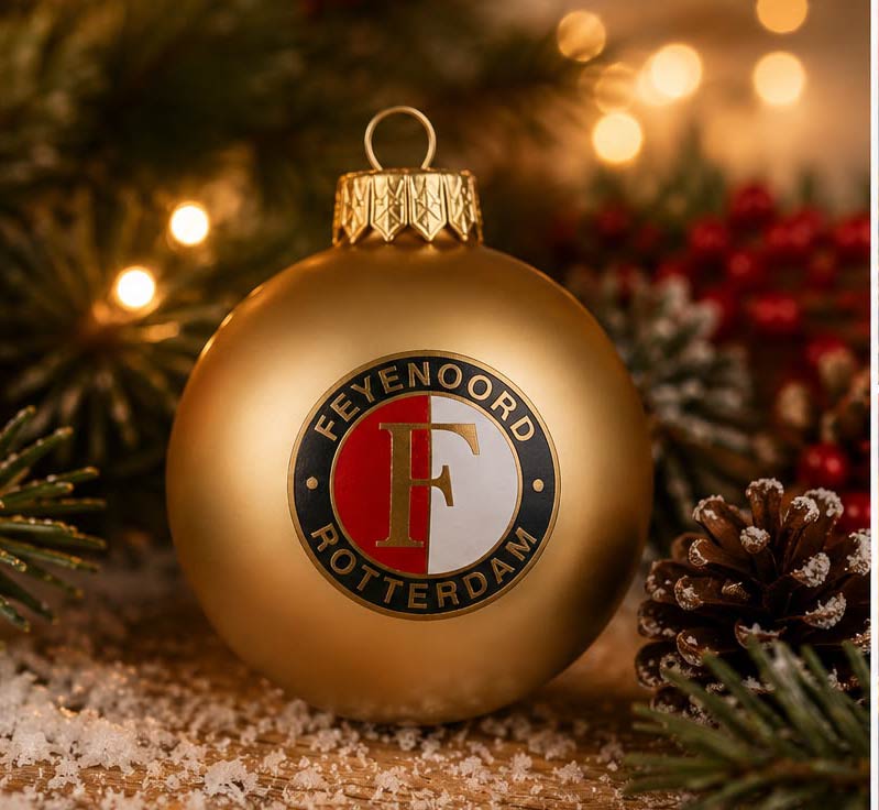 Bedrukte kerstbal met logo van Feyenoord Rotterdam in mat goud
