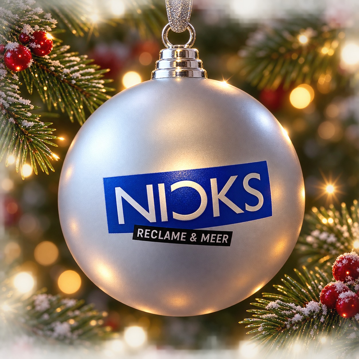 Bedrukte kerstbal met logo van Nicks Reclame in mat zilver